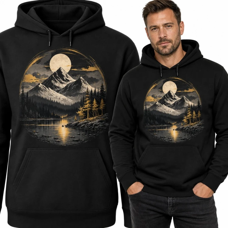 Bluza męska z kapturem - górski pejzaż z pełnią księżyca nad jeziorem