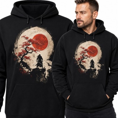Bluza męska z kapturem - samuraj z kataną pod czerwonym słońcem i sakurą