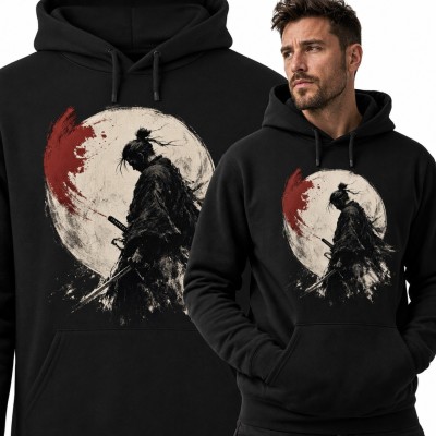 Bluza męska z kapturem - samuraj z kataną na tle pełni księżyca