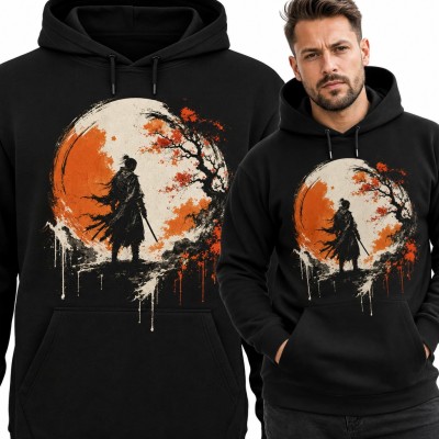 Bluza męska z kapturem - samuraj z kataną na tle księżyca i jesiennego drzewa