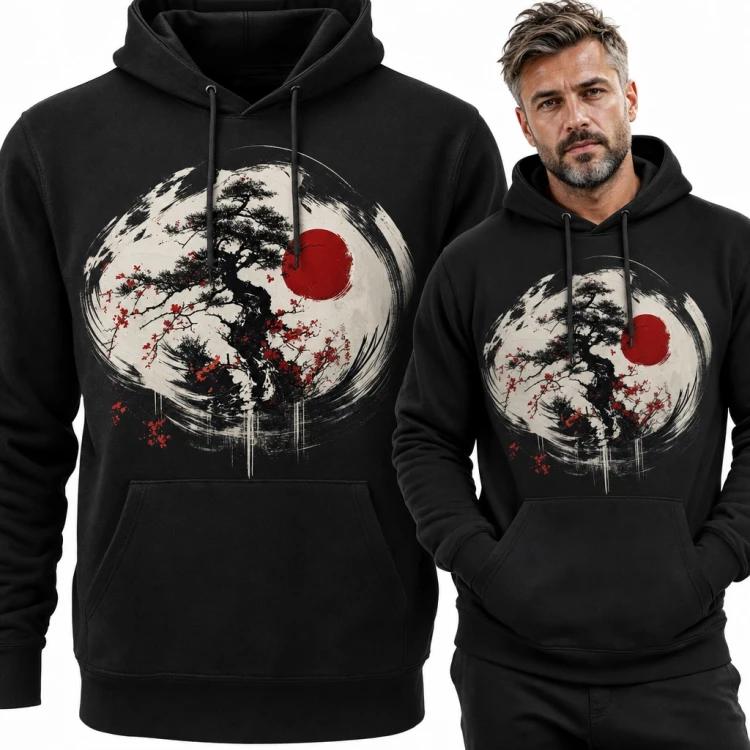 Bluza męska z kapturem - drzewko bonsai z kwitnącą sakurą i czerwonym słońcem