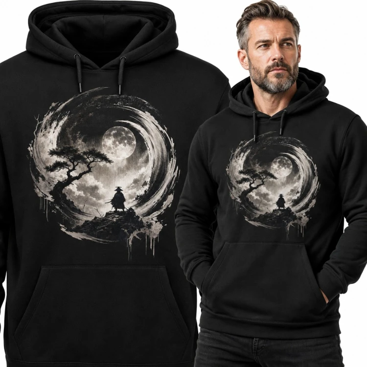 Bluza męska z kapturem - samuraj pod pełnią księżyca w stylu tuszu
