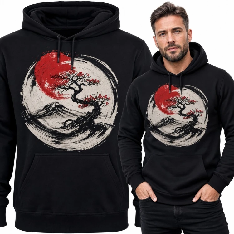 Bluza męska z kapturem - japońska sakura i góra Fuji w kręgu enso