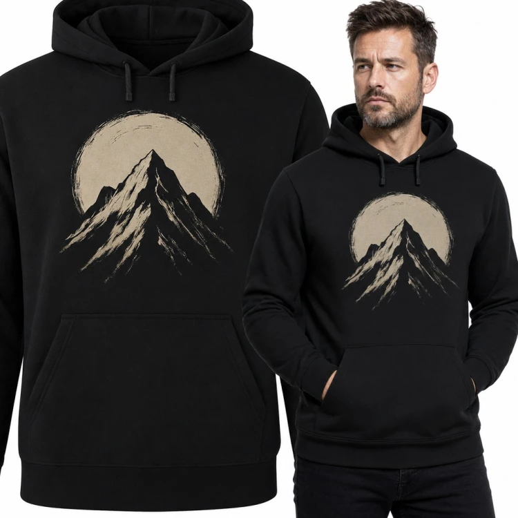 Bluza męska z kapturem - górski szczyt na tle pełni księżyca