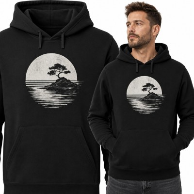 Bluza męska z kapturem - drzewko bonsai na wyspie w blasku pełni księżyca