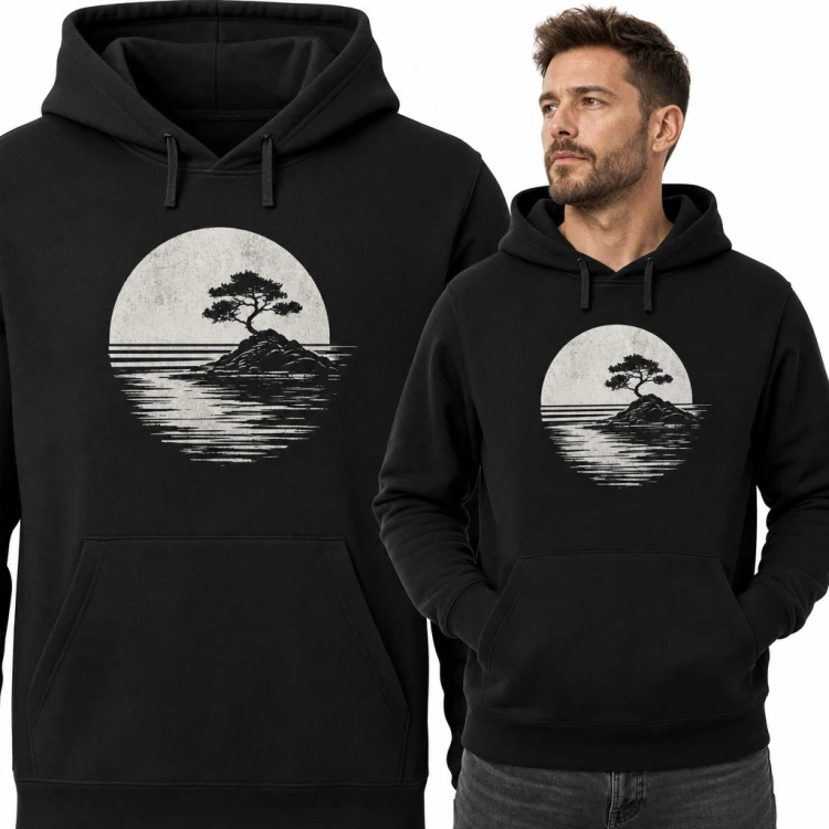 Bluza męska z kapturem - drzewko bonsai na wyspie w blasku pełni księżyca