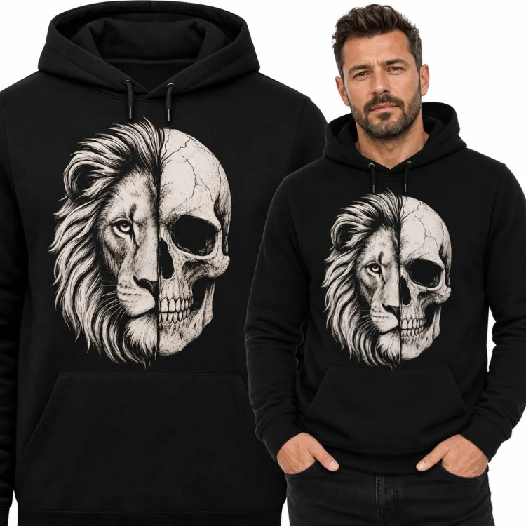 Bluza męska z kapturem - pół lew pół czaszka, mroczna głowa lwa