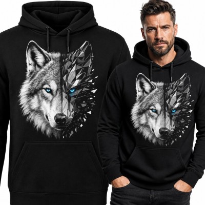 Bluza męska z kapturem - wilk pół realistyczny pół geometryczny low poly z niebieskimi oczami