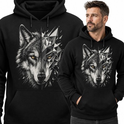 Bluza męska z kapturem - wilk pół realistyczny, pół geometryczny low poly
