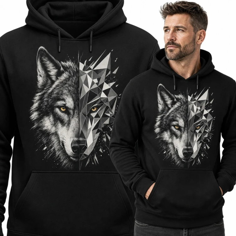 Bluza męska z kapturem - wilk pół realistyczny, pół geometryczny low poly