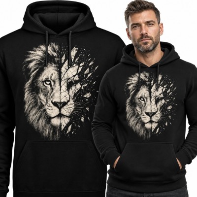 Bluza męska z kapturem - lew z grzywą rozpadający się na odłamki szkła