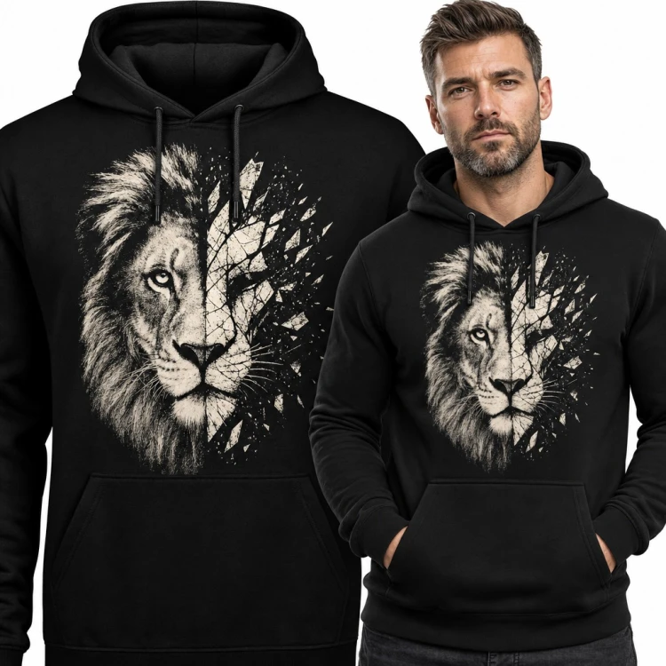 Bluza męska z kapturem - lew z grzywą rozpadający się na odłamki szkła