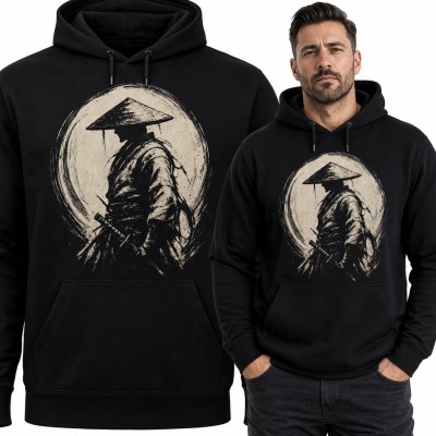 Bluza męska z kapturem - ronin w słomkowym kapeluszu w stylu tuszu