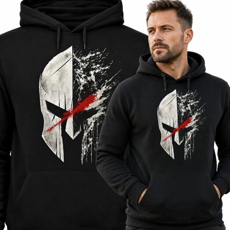 Bluza męska z kapturem - spartański hełm z czerwoną smugą w stylu grunge