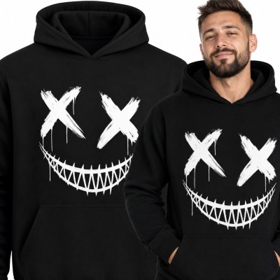 Bluza męska z kapturem - mroczna buźka z oczami X i ostrymi zębami w stylu graffiti