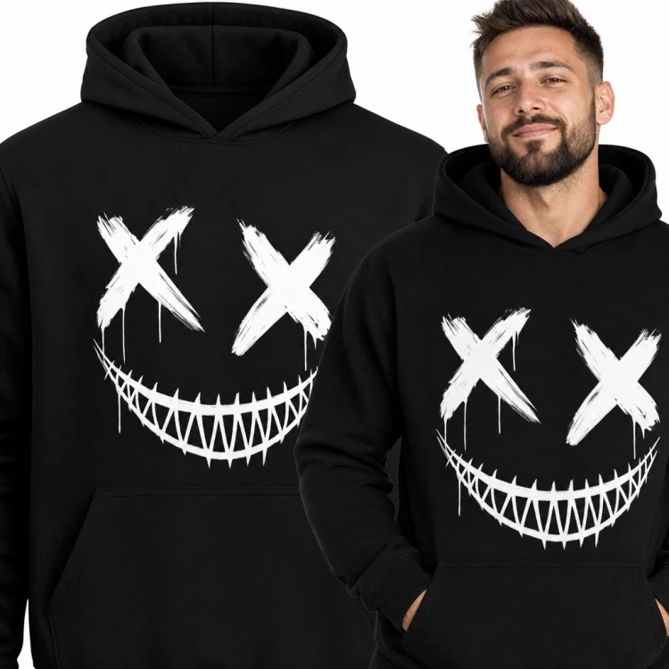 Bluza męska z kapturem - mroczna buźka z oczami X i ostrymi zębami w stylu graffiti
