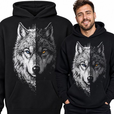 Bluza męska z kapturem - wilk z białą i czarną połową pyska