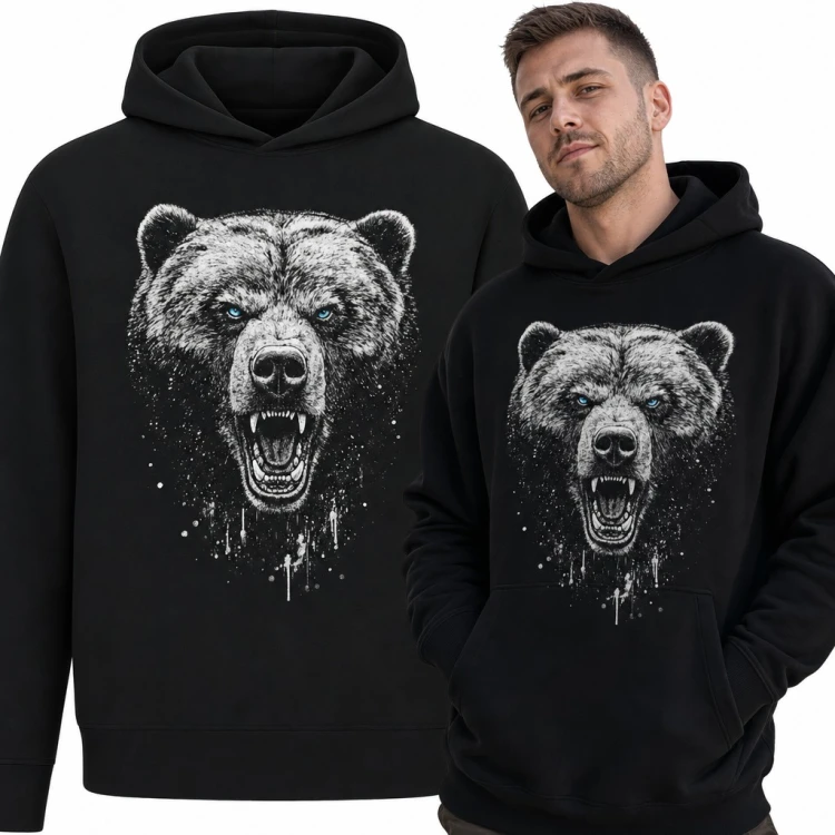 Bluza męska z kapturem - ryczący niedźwiedź grizzly z niebieskimi oczami