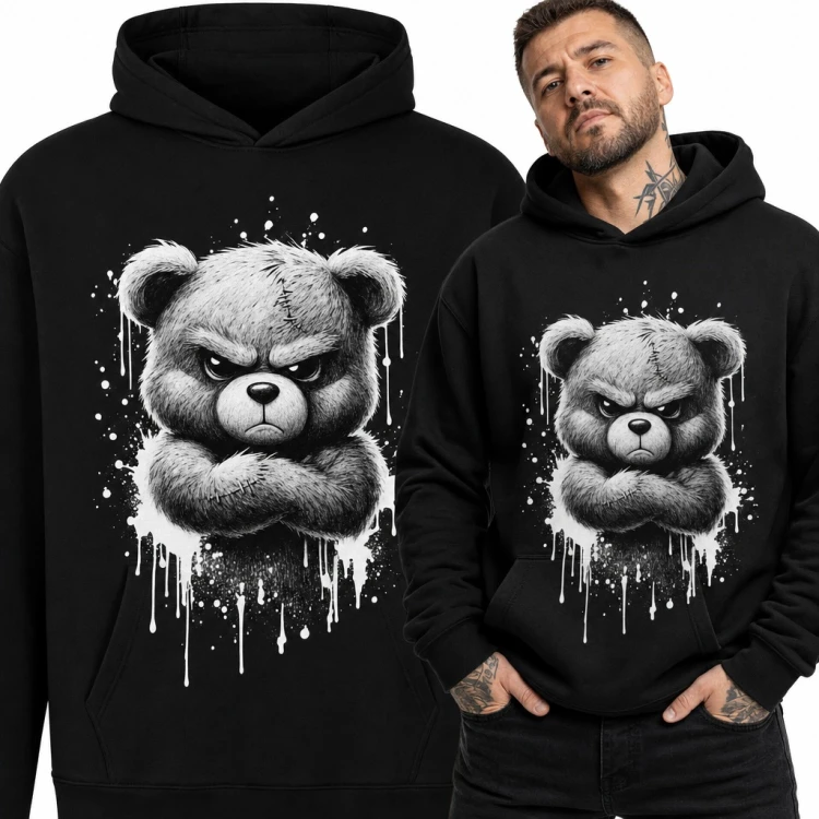 Bluza męska z kapturem - zły pluszowy miś ze skrzyżowanymi łapami w stylu graffiti