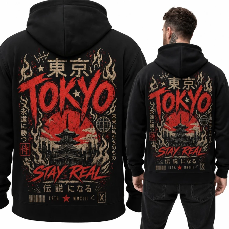 Bluza męska z kapturem „Tokyo Stay Real” - pagoda i czerwone słońce, duży nadruk na plecach