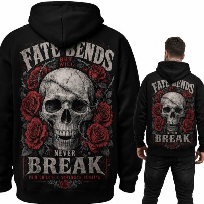 Bluza męska z kapturem „Fate bends but will never break” - czaszka w różach i drucie kolczastym, duży nadruk na plecach