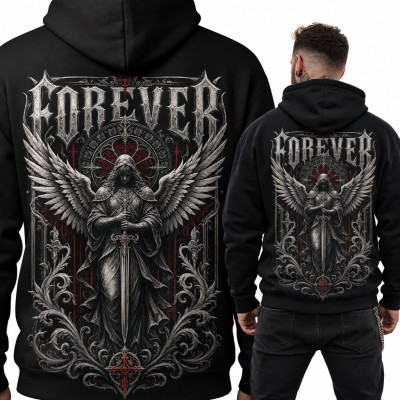 Bluza męska z kapturem - gotycki anioł z mieczem i napisem „Forever” - duży nadruk na plecach