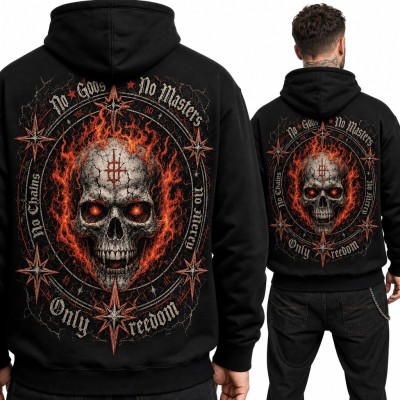 Bluza męska z kapturem „No Gods No Masters” z płonącą czaszką - duży nadruk na plecach