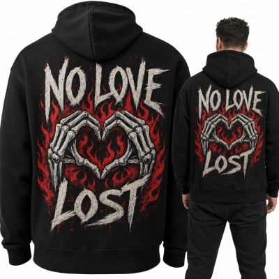 Bluza męska z kapturem - „No love lost” szkieletowe dłonie w kształcie serca w ogniu - duży nadruk na plecach