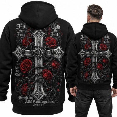 Bluza męska z kapturem „Faith over Fear” - gotycki krzyż z różami, duży nadruk na plecach