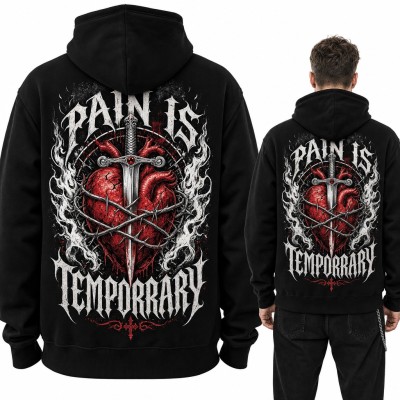 Bluza męska z kapturem „Pain is temporrary” - serce przebite mieczem, duży nadruk na plecach