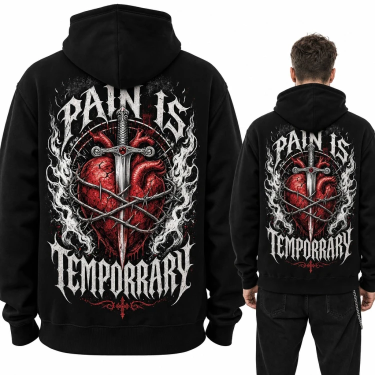 Bluza męska z kapturem „Pain is temporrary” - serce przebite mieczem, duży nadruk na plecach