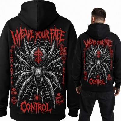Bluza męska z kapturem - pająk na pajęczynie „Weave Your Fate Control” w stylu metalowym - duży nadruk na plecach