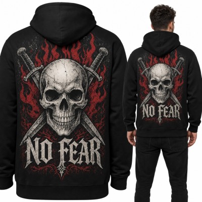 Bluza męska z kapturem - czaszka ze sztyletami w płomieniach i napis „No Fear” - duży nadruk na plecach