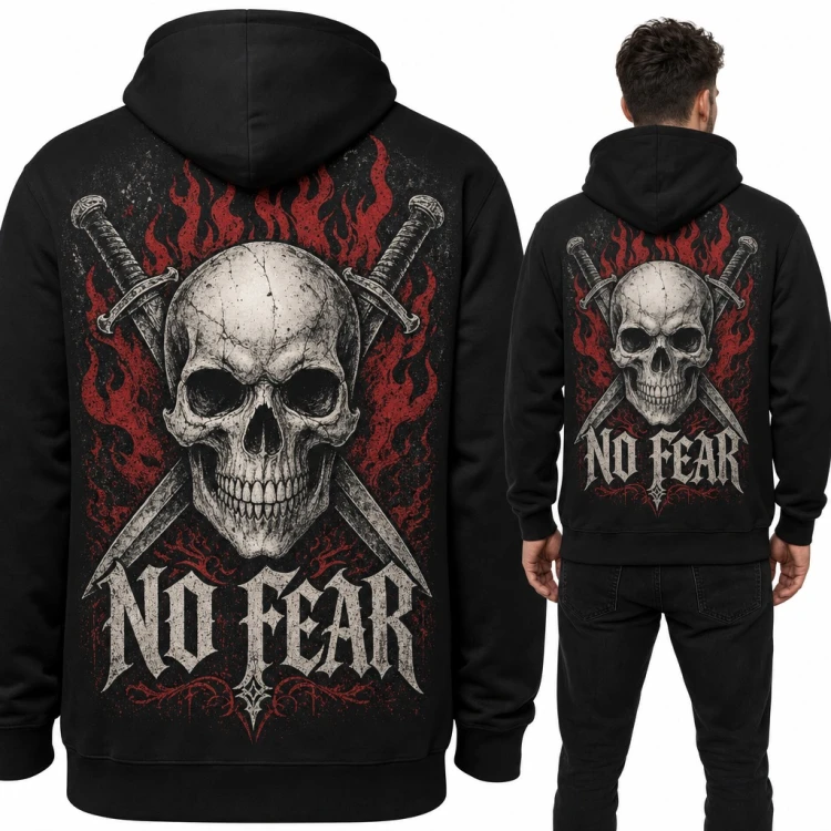 Bluza męska z kapturem - czaszka ze sztyletami w płomieniach i napis „No Fear” - duży nadruk na plecach