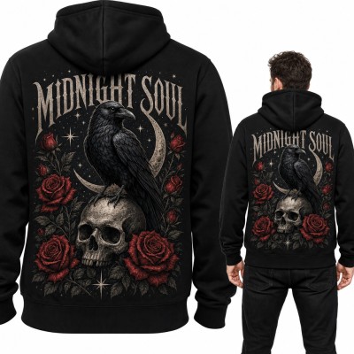 Bluza męska z kapturem - kruk na czaszce wśród róż „Midnight Soul” - duży nadruk na plecach