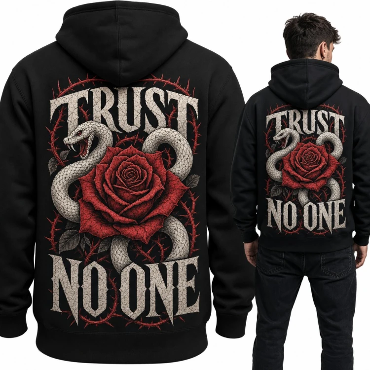 Bluza męska z kapturem - wąż z różą i napis „Trust no one” - duży nadruk na plecach