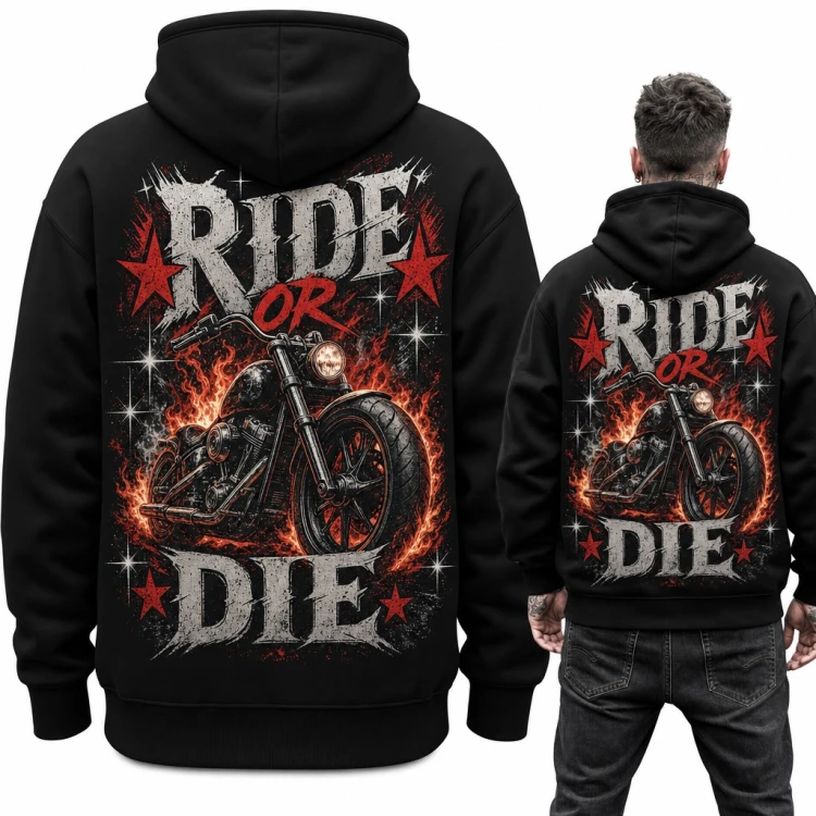 Bluza męska z kapturem - motocykl chopper w płomieniach „Ride or Die” dla motocyklisty - duży nadruk na plecach
