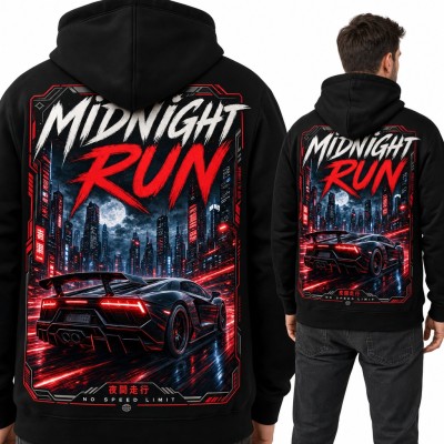 Bluza męska z kapturem „Midnight Run” - supersamochód w neonowym mieście, duży nadruk na plecach