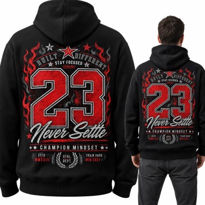Bluza męska z kapturem „23 Never Settle” - koszykarski numer w płomieniach, duży nadruk na plecach