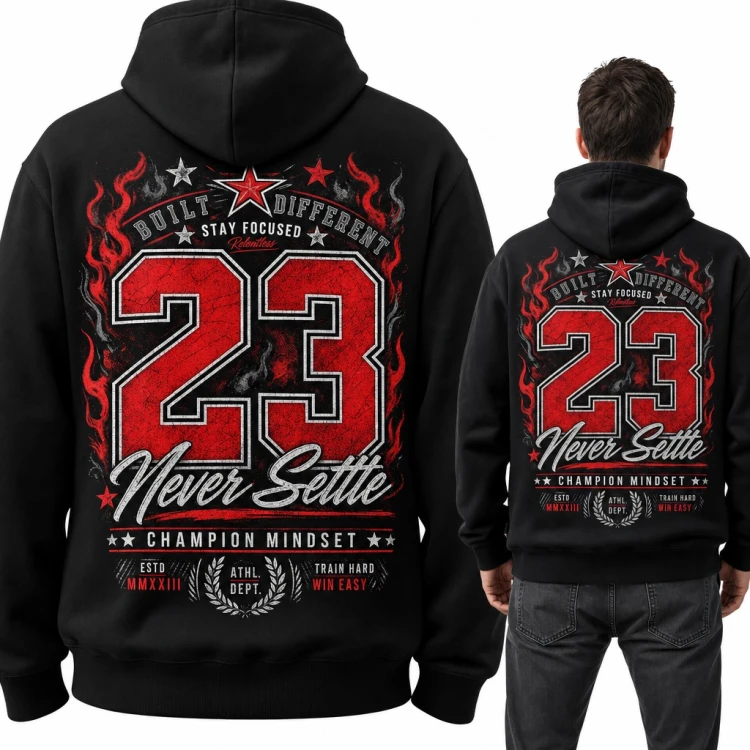 Bluza męska z kapturem „23 Never Settle” - koszykarski numer w płomieniach, duży nadruk na plecach