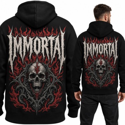 Bluza męska z kapturem - czaszka w płomieniach i cierniach „Immortal” - duży nadruk na plecach