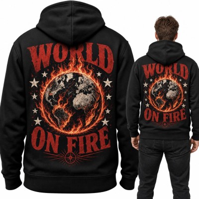 Bluza męska z kapturem „World on fire” - płonąca Ziemia, duży nadruk na plecach