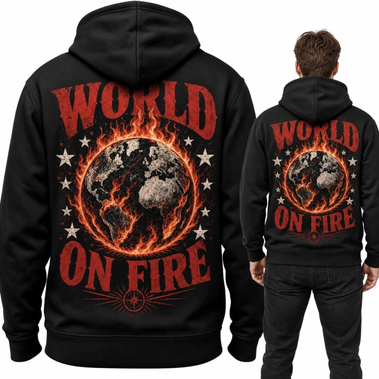Bluza męska z kapturem „World on fire” - płonąca Ziemia, duży nadruk na plecach