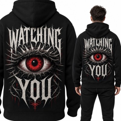Bluza męska z kapturem „Watching you” z czerwonym okiem w cierniach - duży nadruk na plecach