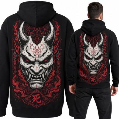 Bluza męska z kapturem - japońska maska demona Oni w czerwonych płomieniach - duży nadruk na plecach