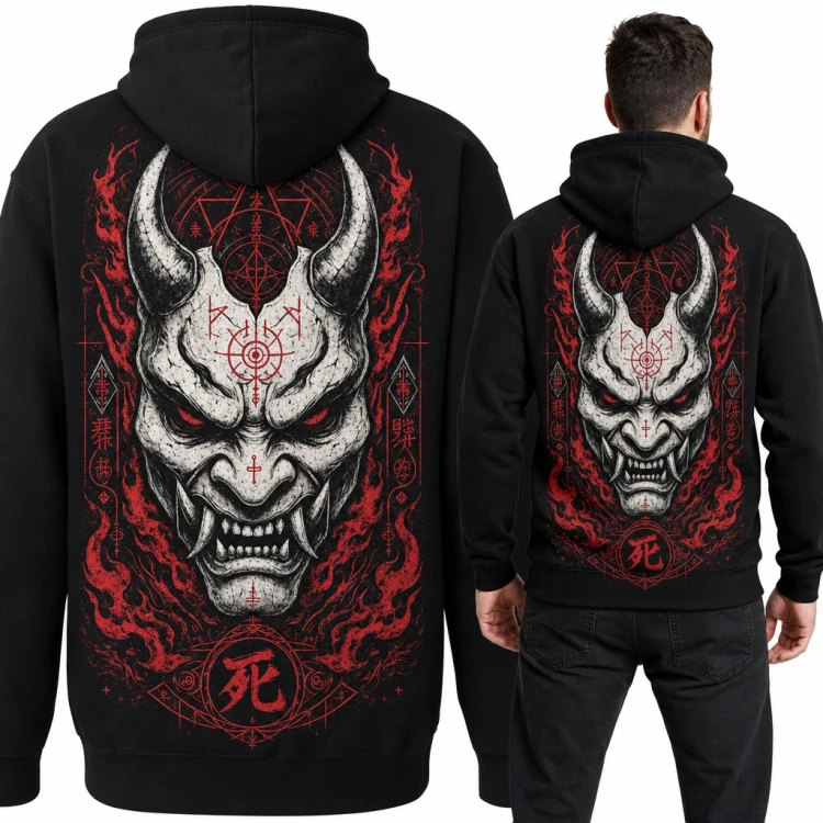 Bluza męska z kapturem - japońska maska demona Oni w czerwonych płomieniach - duży nadruk na plecach