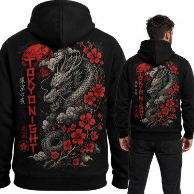 Bluza męska z kapturem - japoński smok i kwiaty wiśni „Tokyo Night” - duży nadruk na plecach