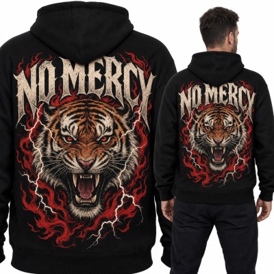 Bluza męska z kapturem - ryczący tygrys „No Mercy” w płomieniach - duży nadruk na plecach