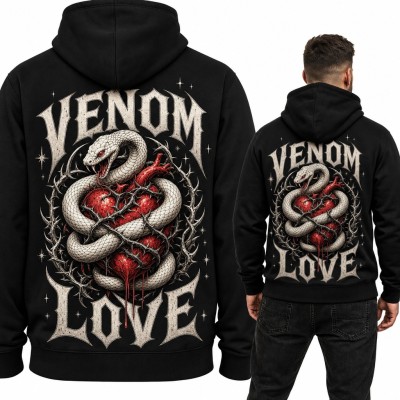 Bluza męska z kapturem - wąż i serce w cierniach „Venom Love” - duży nadruk na plecach