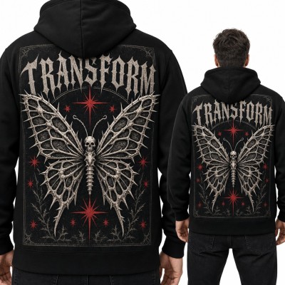 Bluza męska z kapturem - kościany motyl z czaszką „Transform” - duży nadruk na plecach